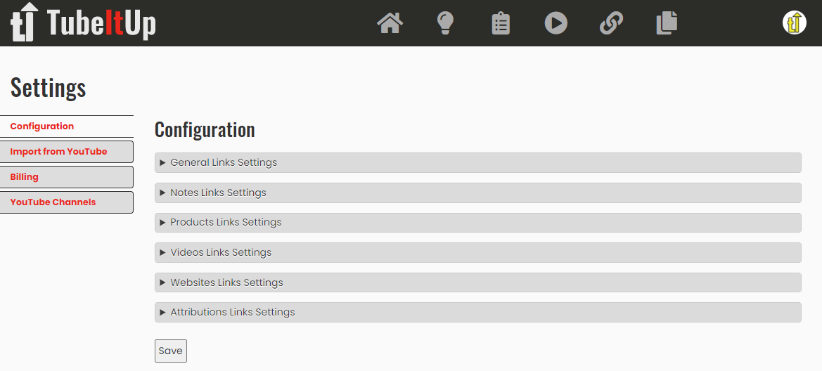 TubeItUp Settings Page